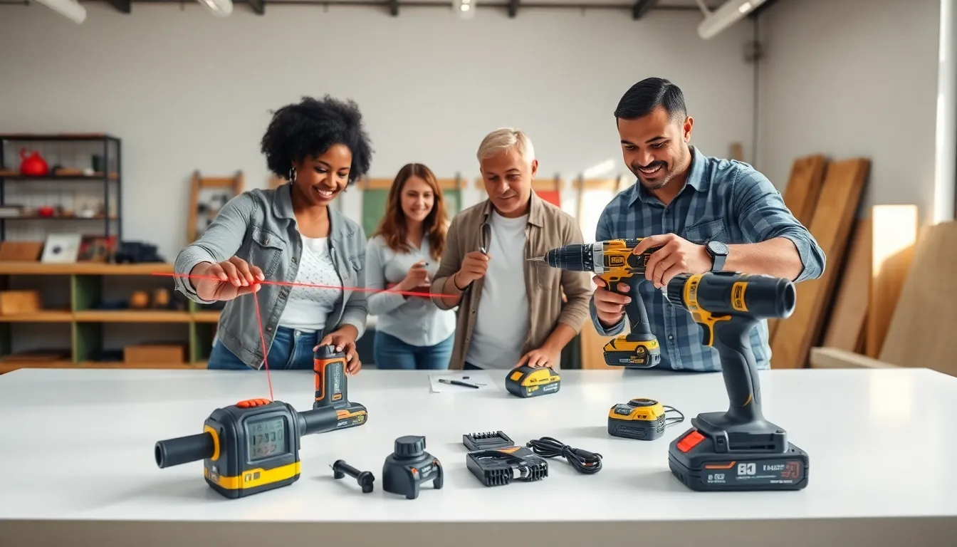 diverse group using home improvement gadgets in a modern workshop.