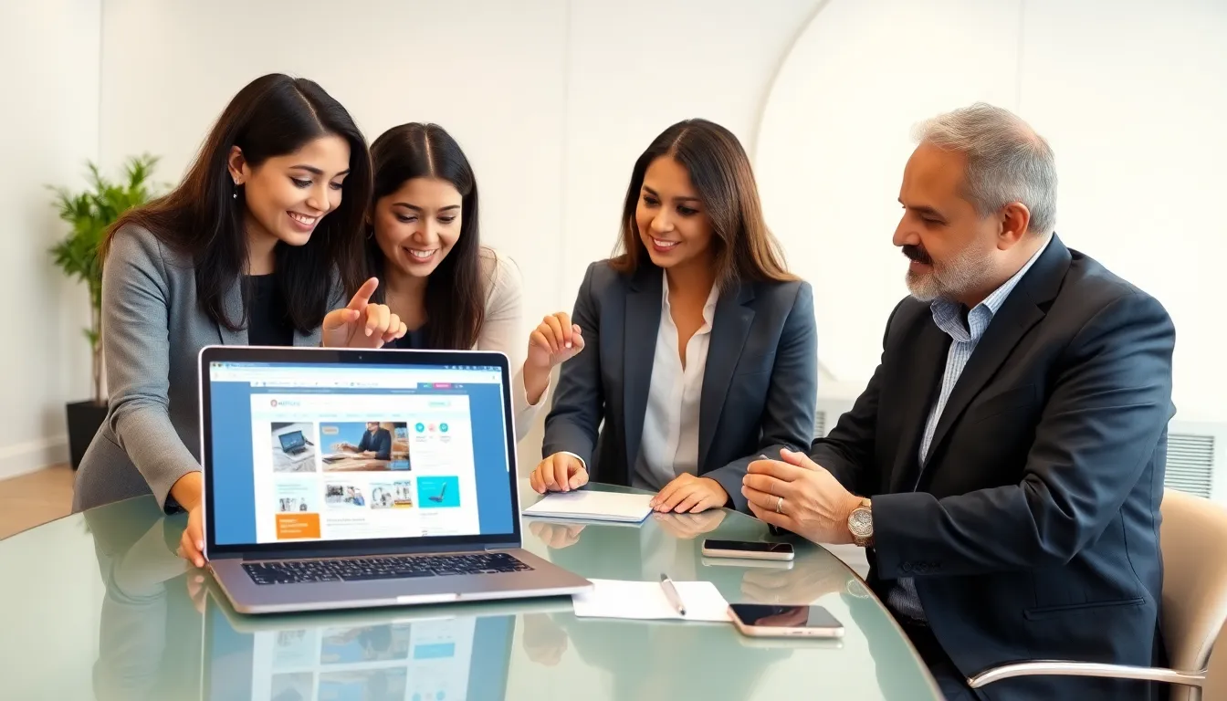 diverse professionals collaborating on a website design in a modern office.