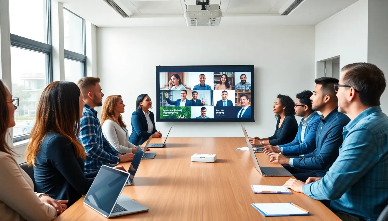 diverse learners watching a masterclass video in a modern office.