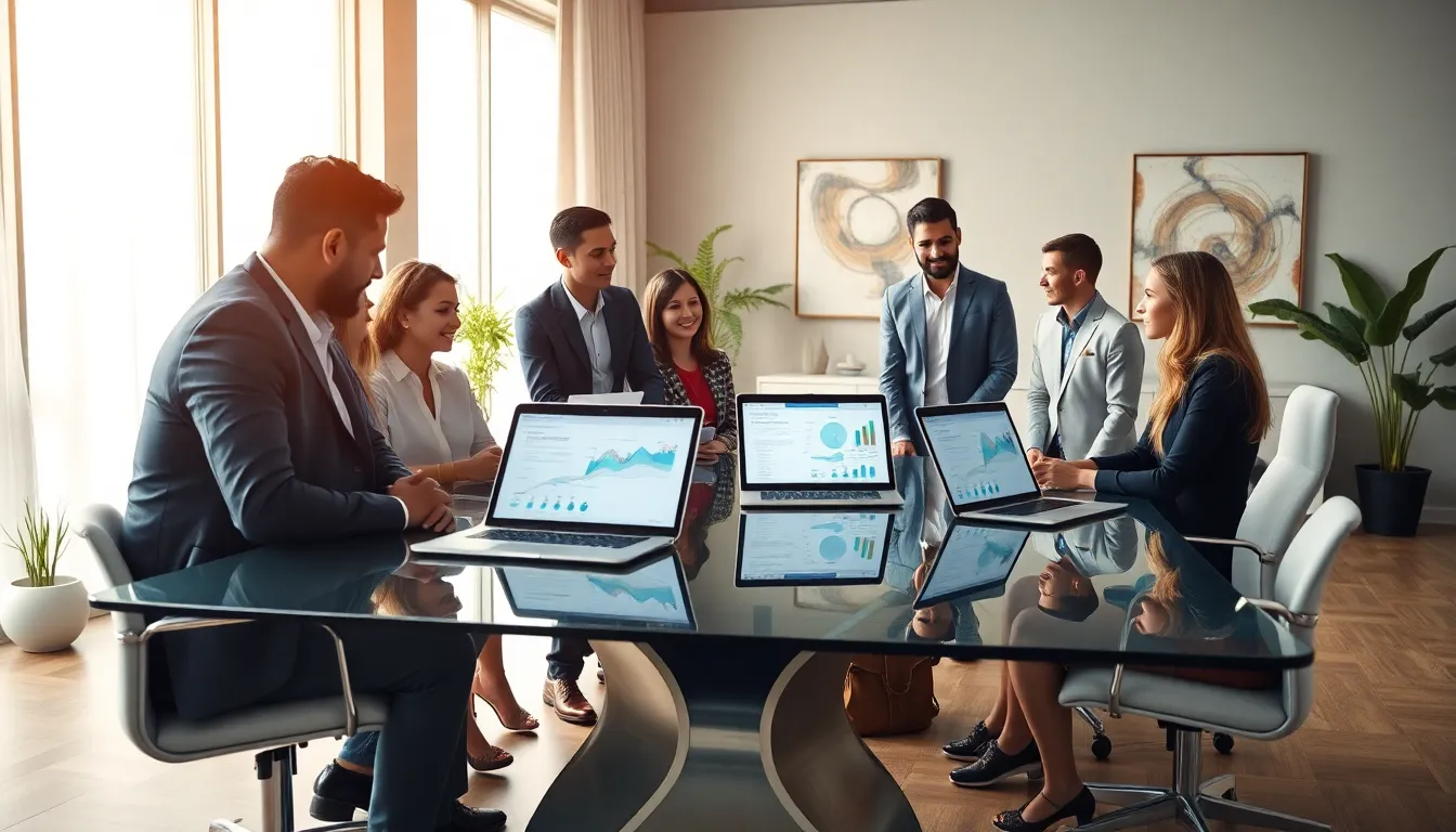 diverse team collaborating over data modeling in a modern office.