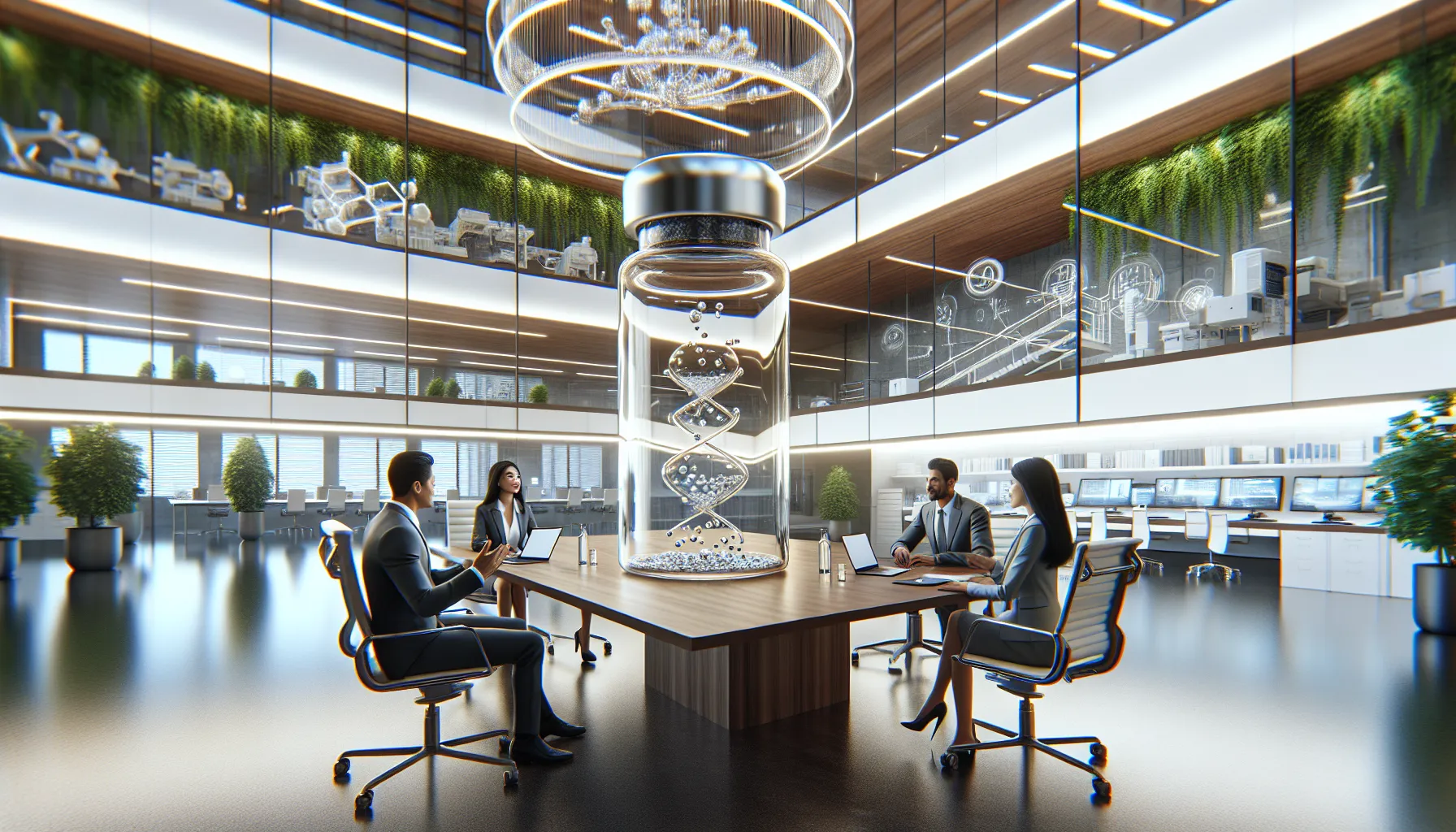 A diverse team discussing health solutions in a modern lab environment.