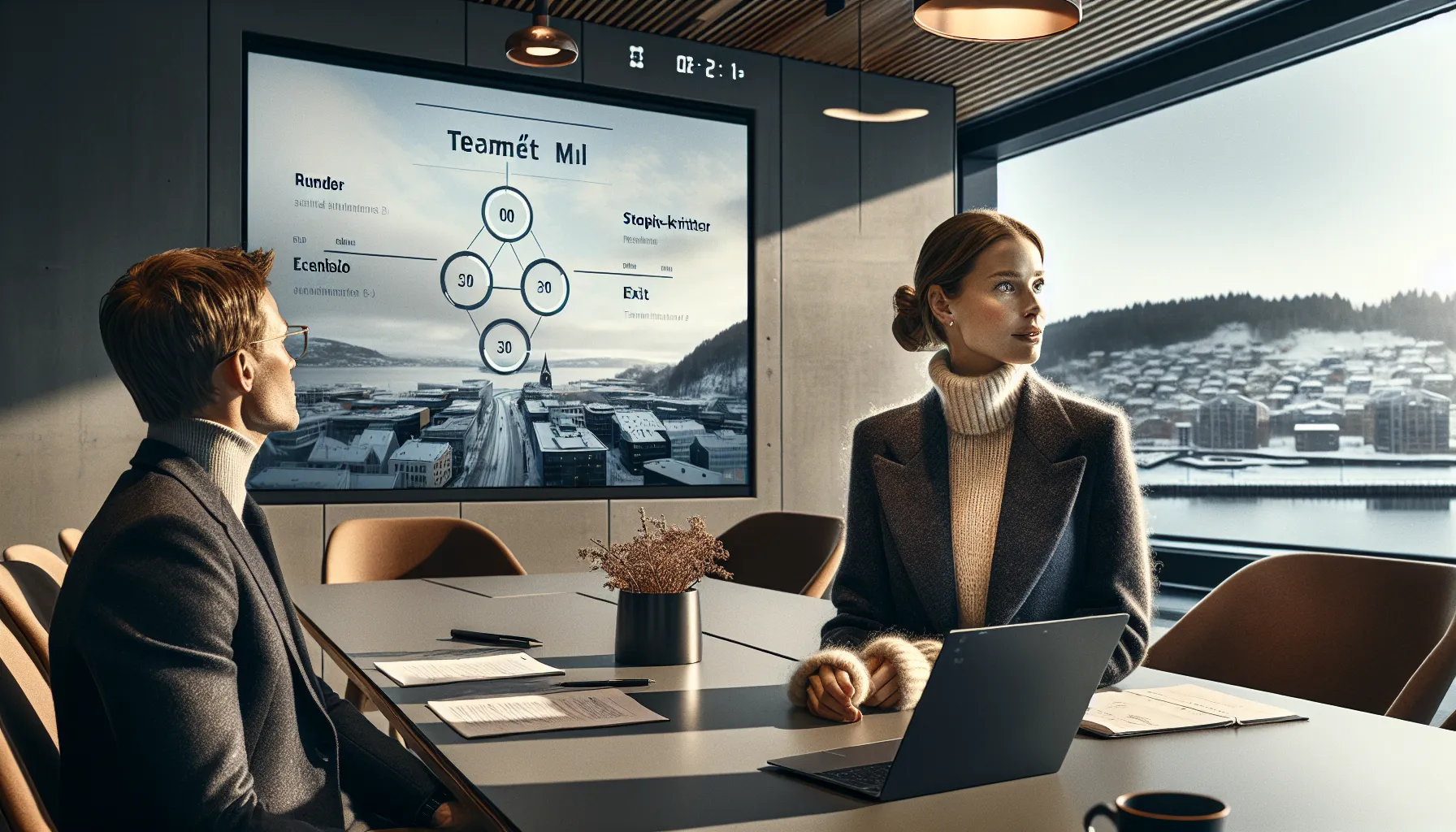 Woman leads structured negotiation as colleague ensures she finishes speaking.