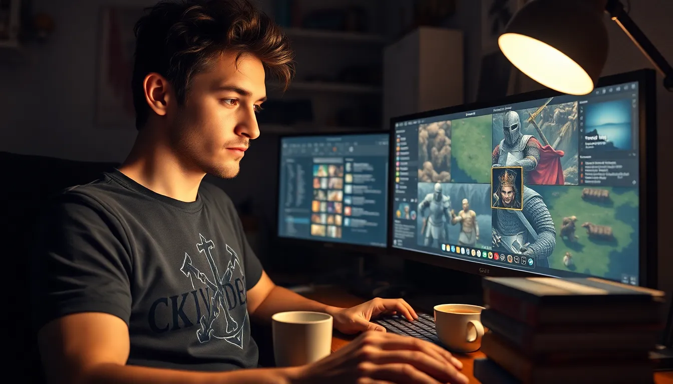 A young man focused on a gaming setup with CK2Generator on screen.