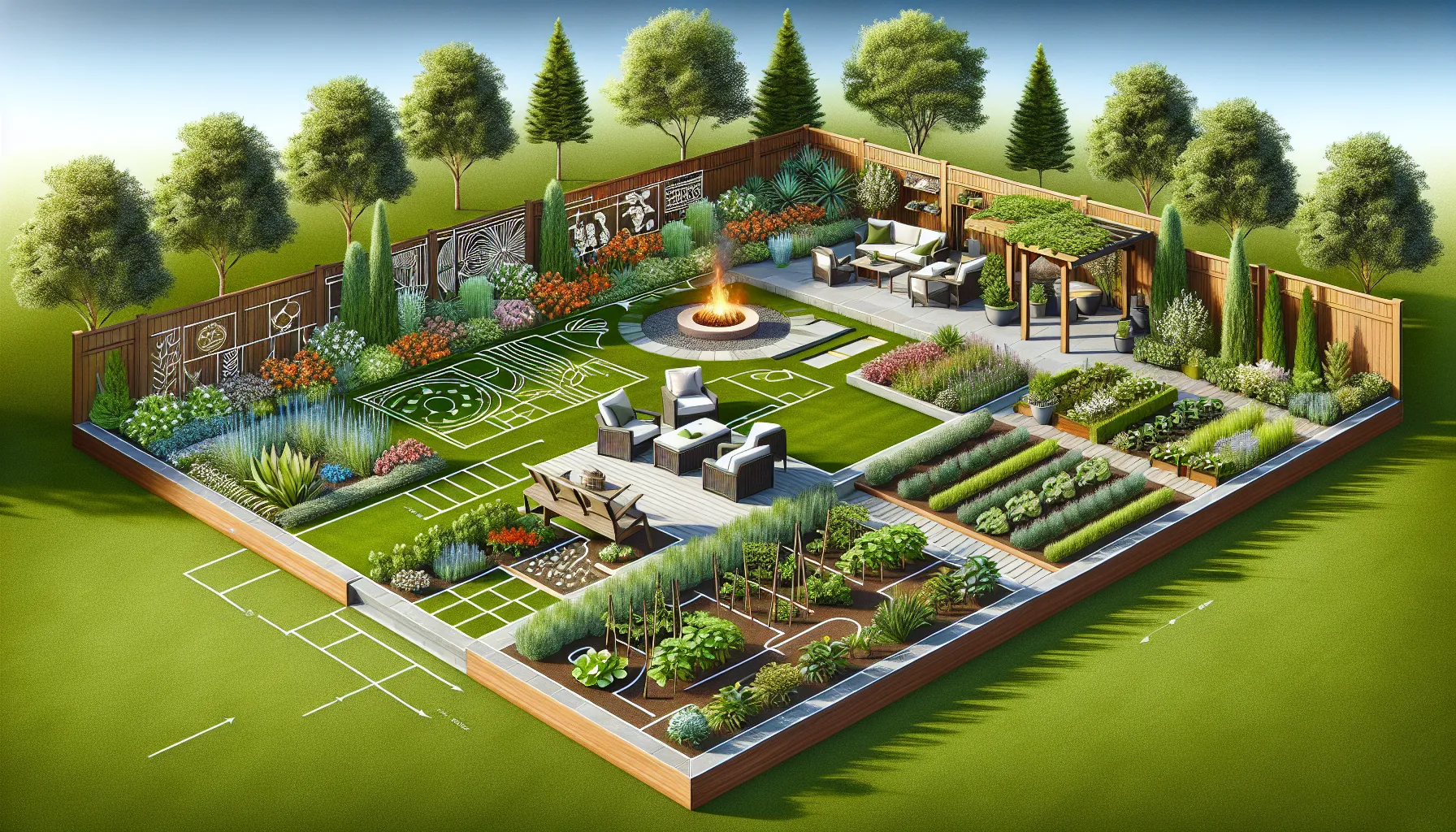 a beautiful backyard with a fire pit and vegetable garden.