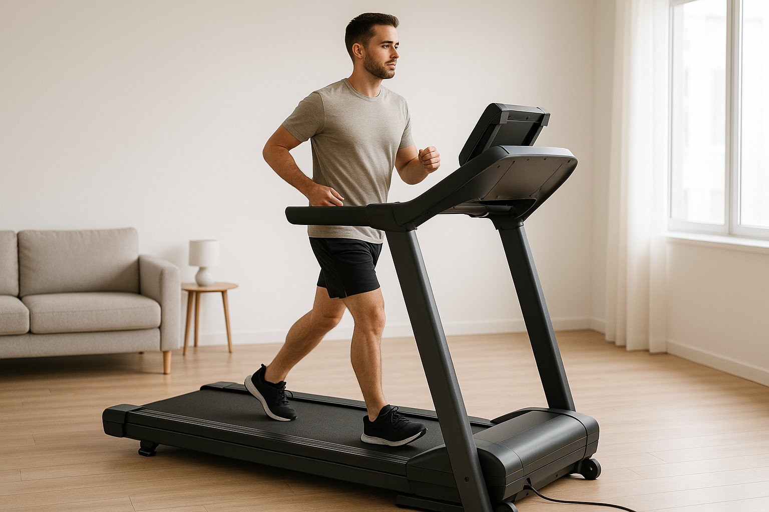 Person lightly running on a folding treadmill in a modern apartment.