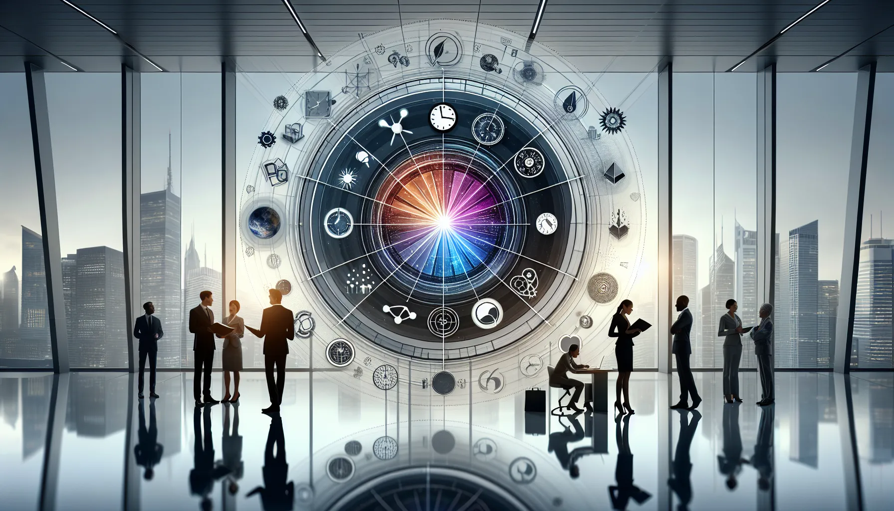 professionals analyzing a diagram of pentachronism in a modern office.