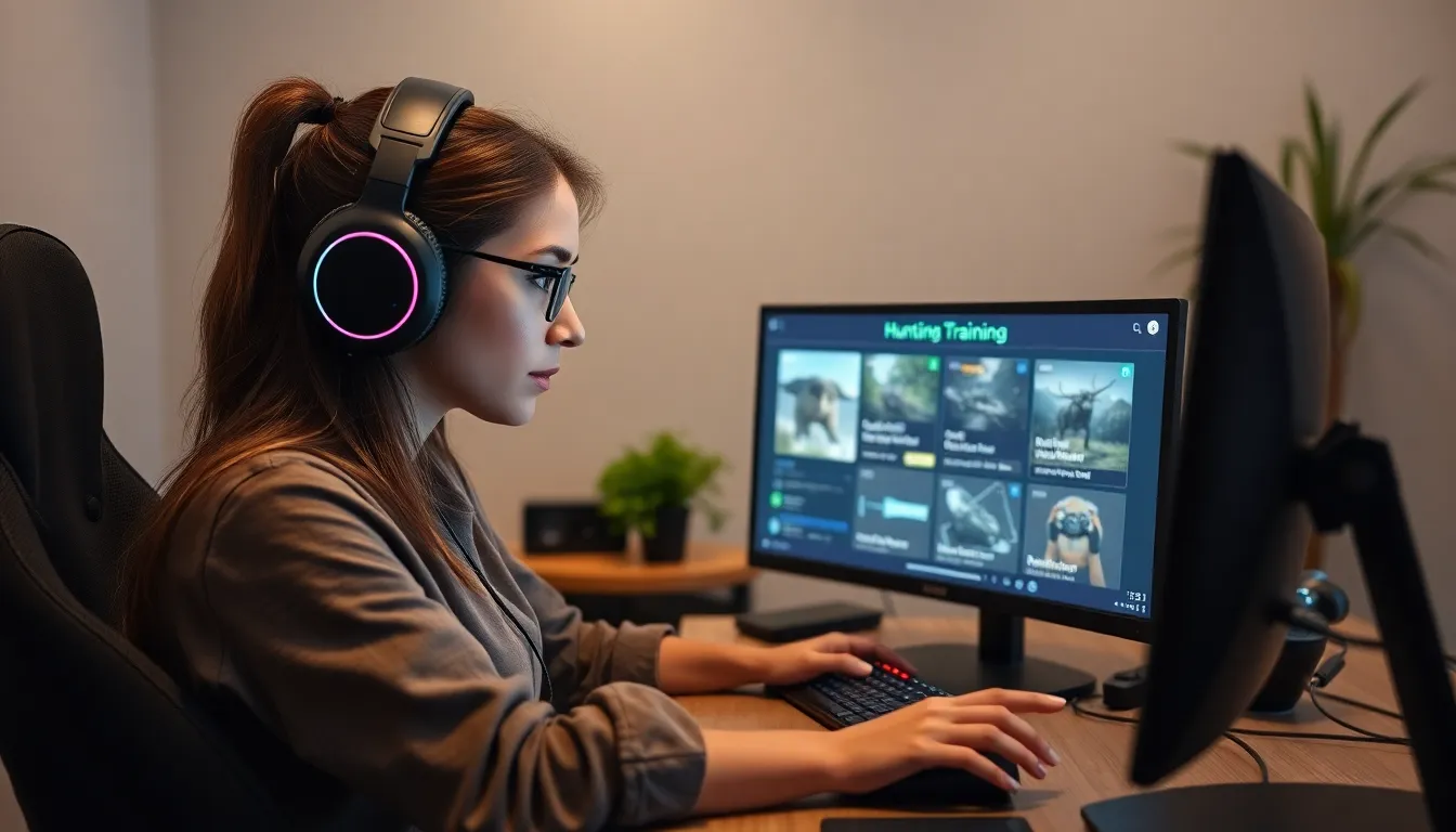 female gamer training in RS3 hunter skills at a modern home office.