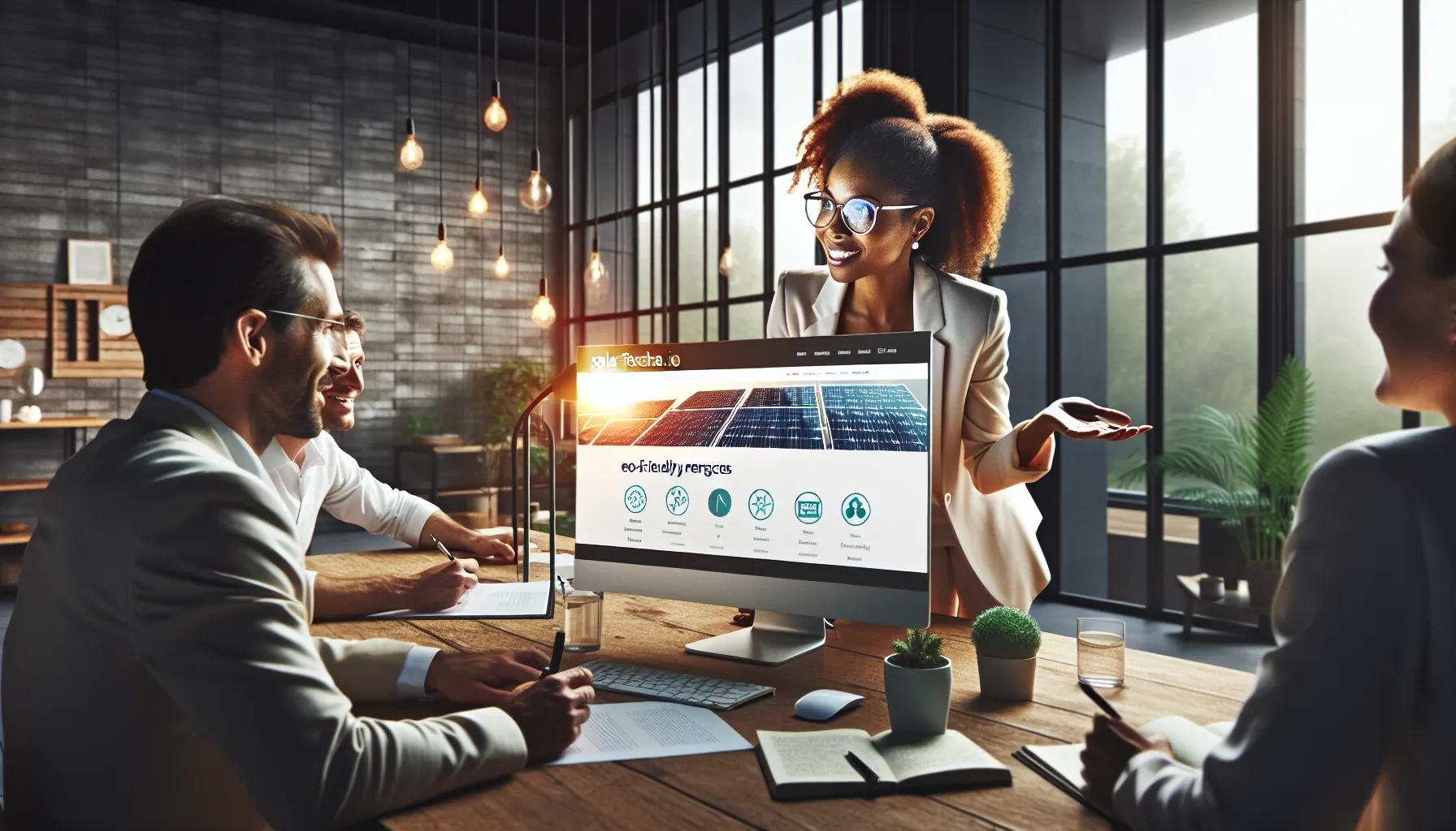 diverse professionals discussing experiences with a renewable energy platform.