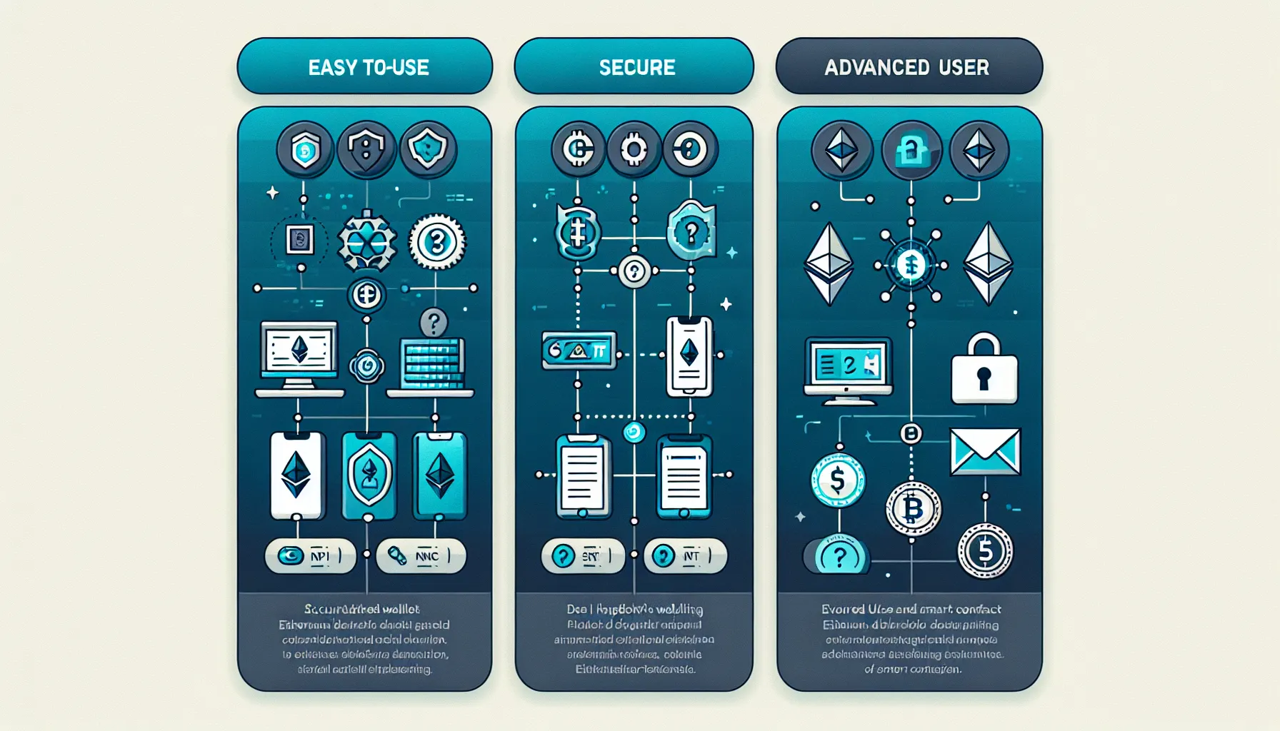 Three-column comparison of Ethereum wallet types: beginner, security-focused, and advanced user options.