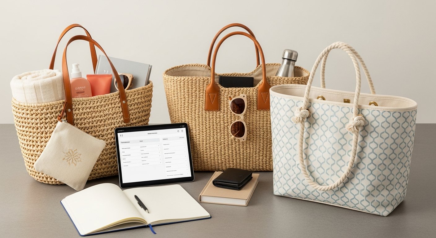 Luxury beach bags arranged with beach essentials in a bright coastal setting.