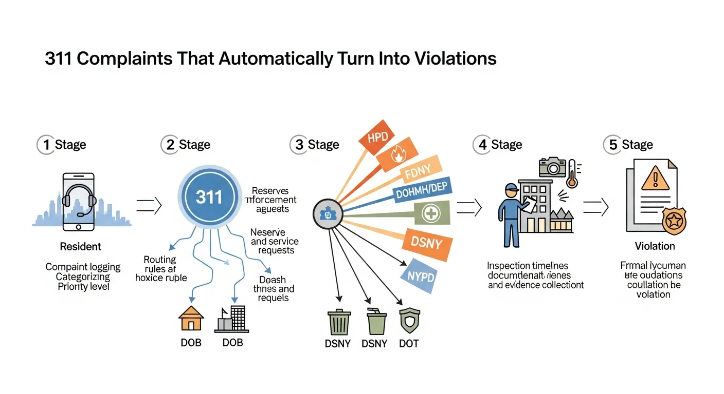 Infographic showing how NYC 311 complaints flow to agencies and become violations.