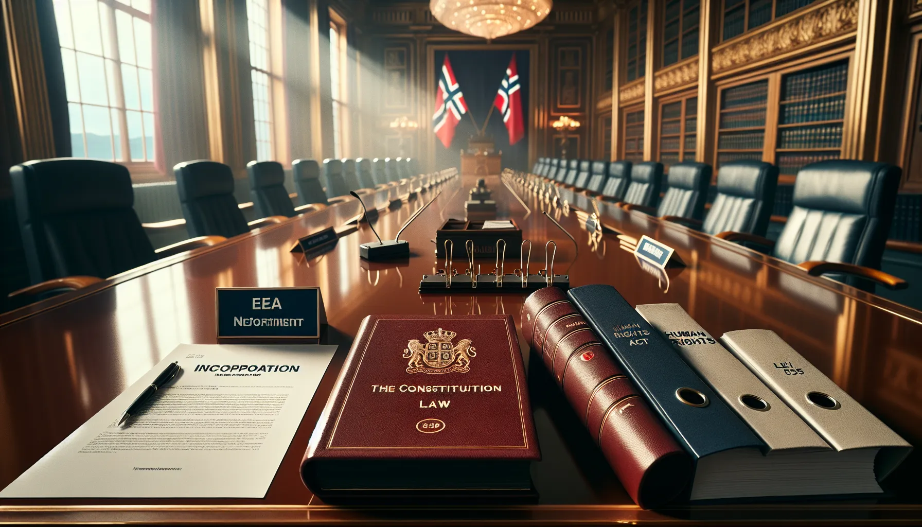 Norwegian constitution with incorporation and transformation binders on parliament desk.