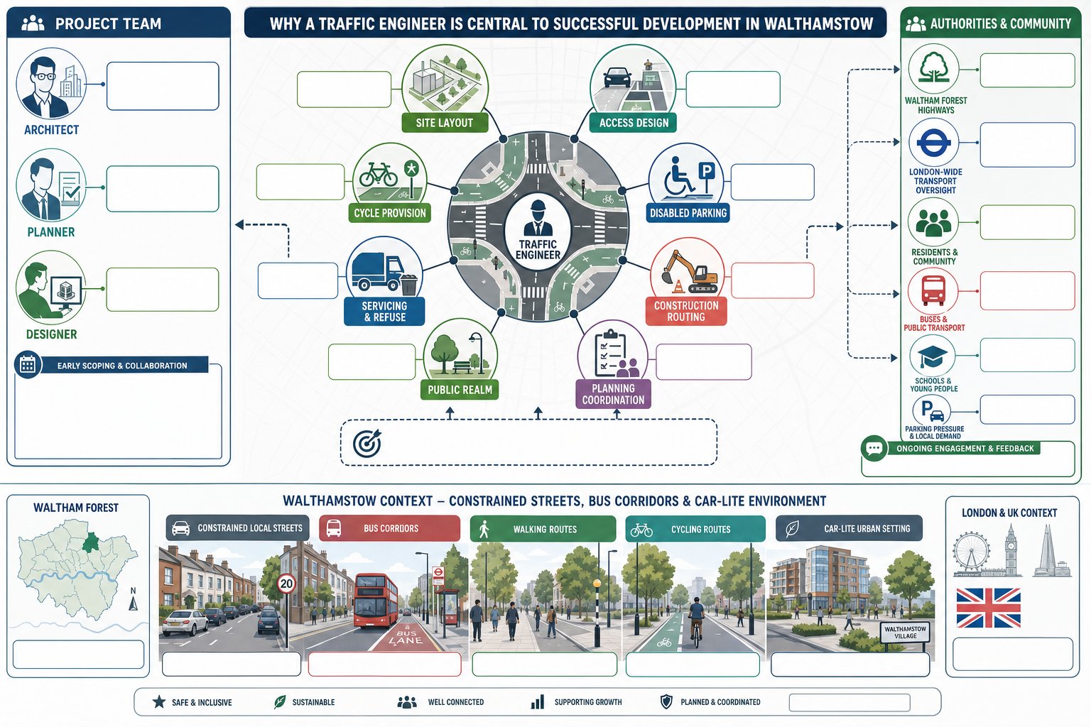 Infographic showing a traffic engineer coordinating Walthamstow development, transport issues, and stakeholders.