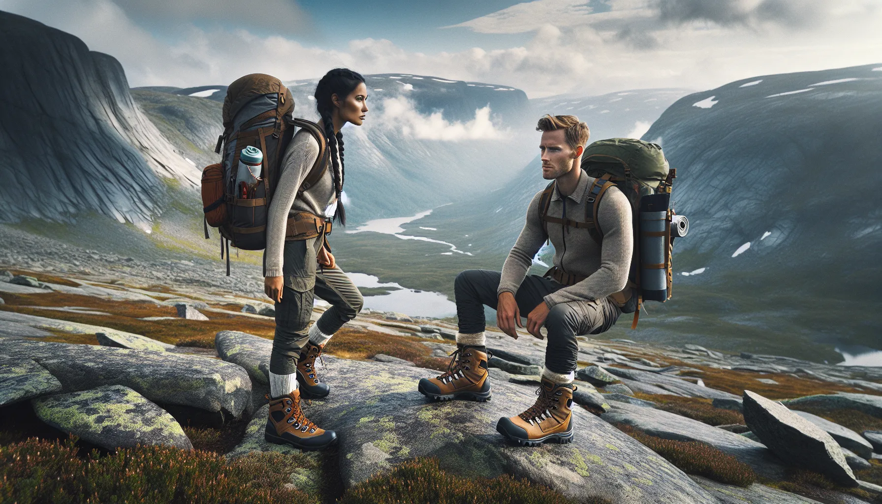 Slik velger du riktig fottøy for krevende terreng 3 Two norwegian hikers compare sturdy boots and lighter shoes on a rocky mountain trail.