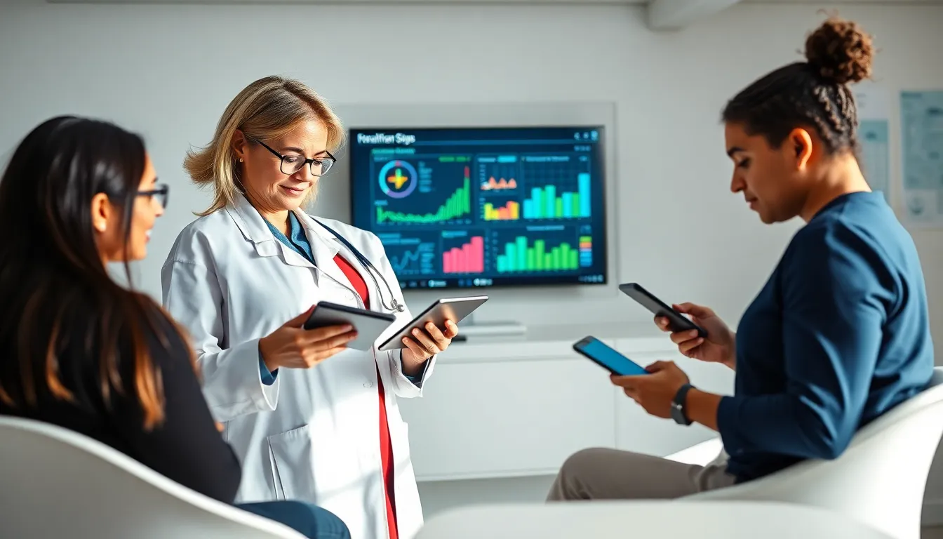 health professionals discussing mobile health apps in a modern office.