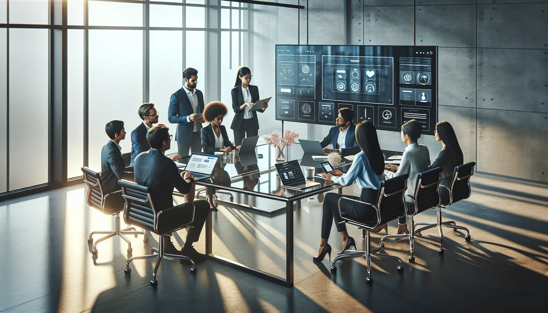 diverse team discussing Mango Payhub in a modern office.