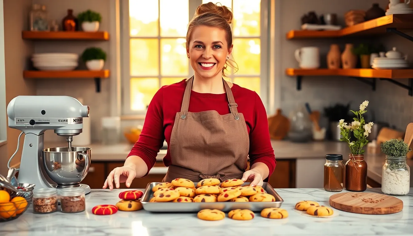 baker Mary in her cozy kitchen with an array of baked cookies.