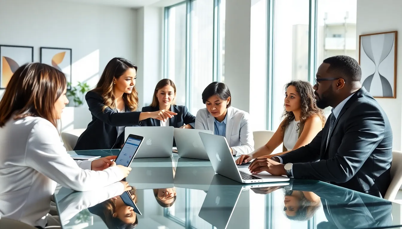 diverse team collaborating in a modern office space.