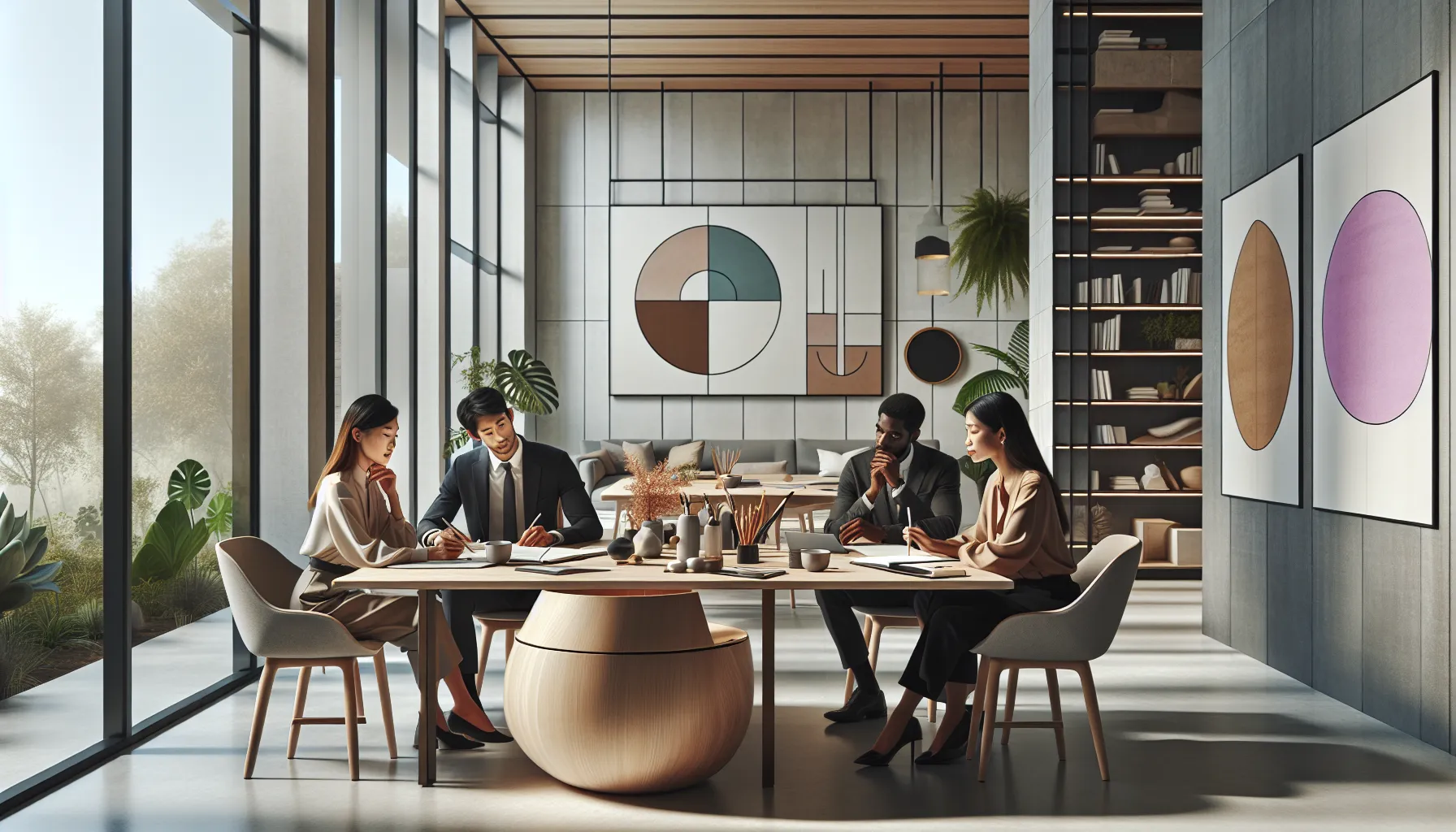 diverse professionals discussing mindfulness in a modern workspace.