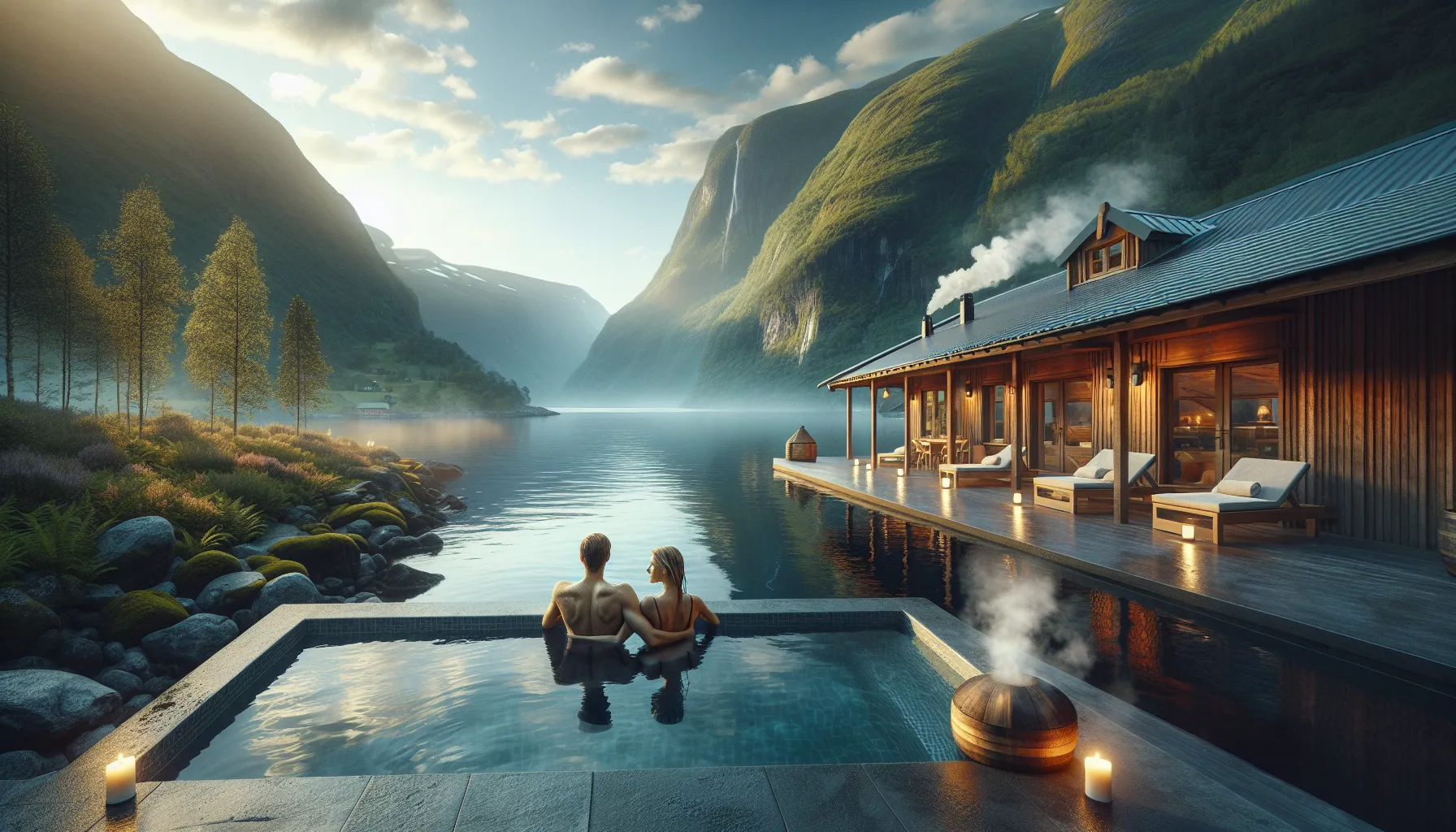 Couple relaxing in outdoor fjord spa with nearby hiking trail and floating sauna.