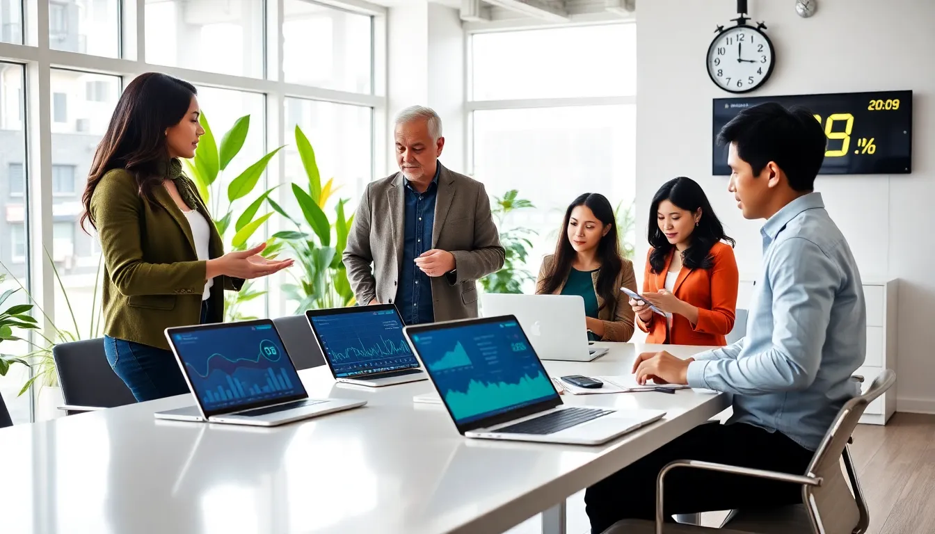 a diverse group discussing energy management in a modern office.