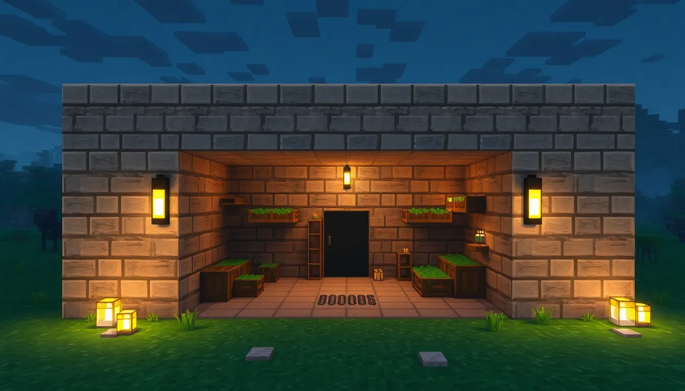 a secure, well-lit Minecraft bunker with crafting and storage areas.