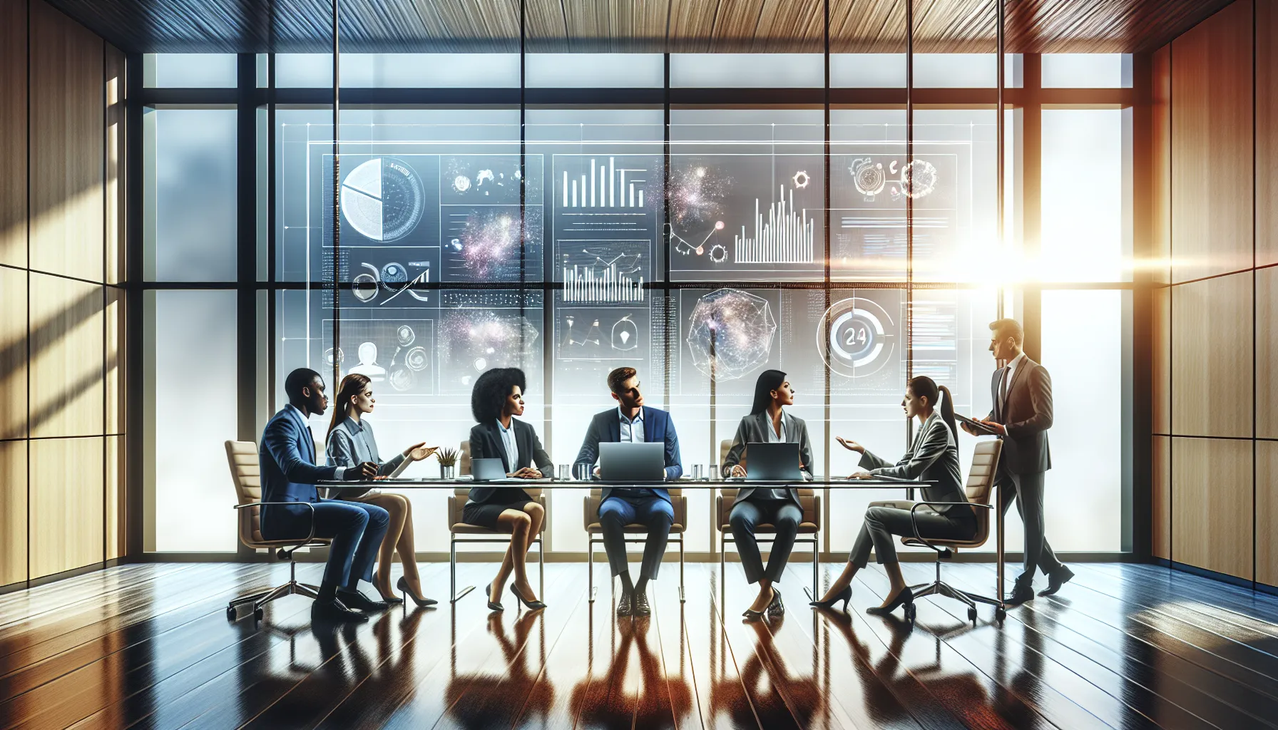 diverse professionals discussing Evakis8524 in a modern office.