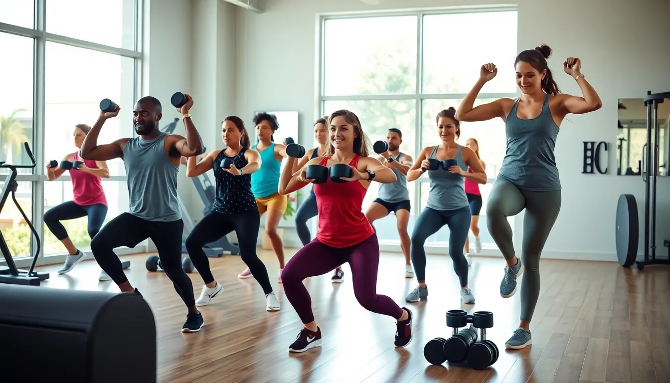 diverse individuals practicing functional fitness exercises in a modern gym.