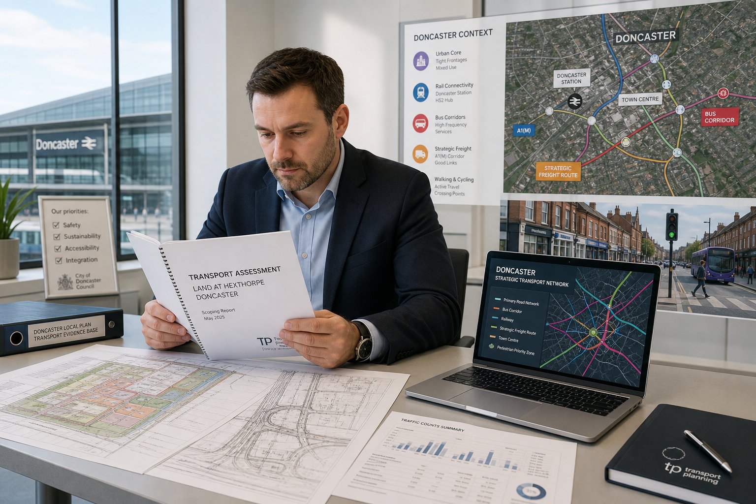 Traffic engineer reviewing Doncaster transport plans in a modern office.