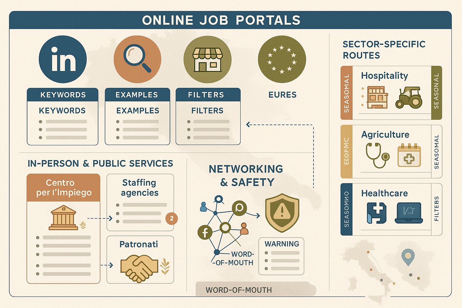 Infografica che mostra i canali di ricerca lavoro per immigrati in Italia.