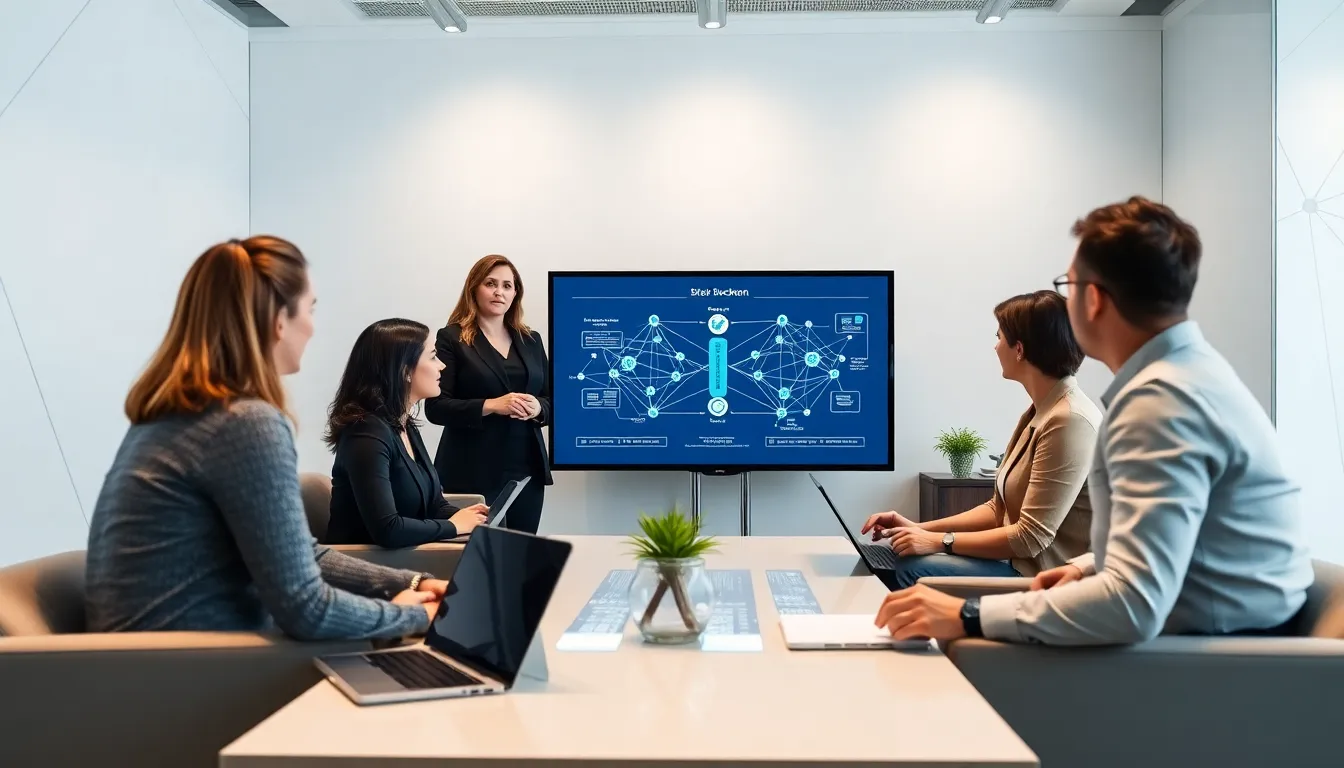 professionals discussing blockchain technology in a modern office.