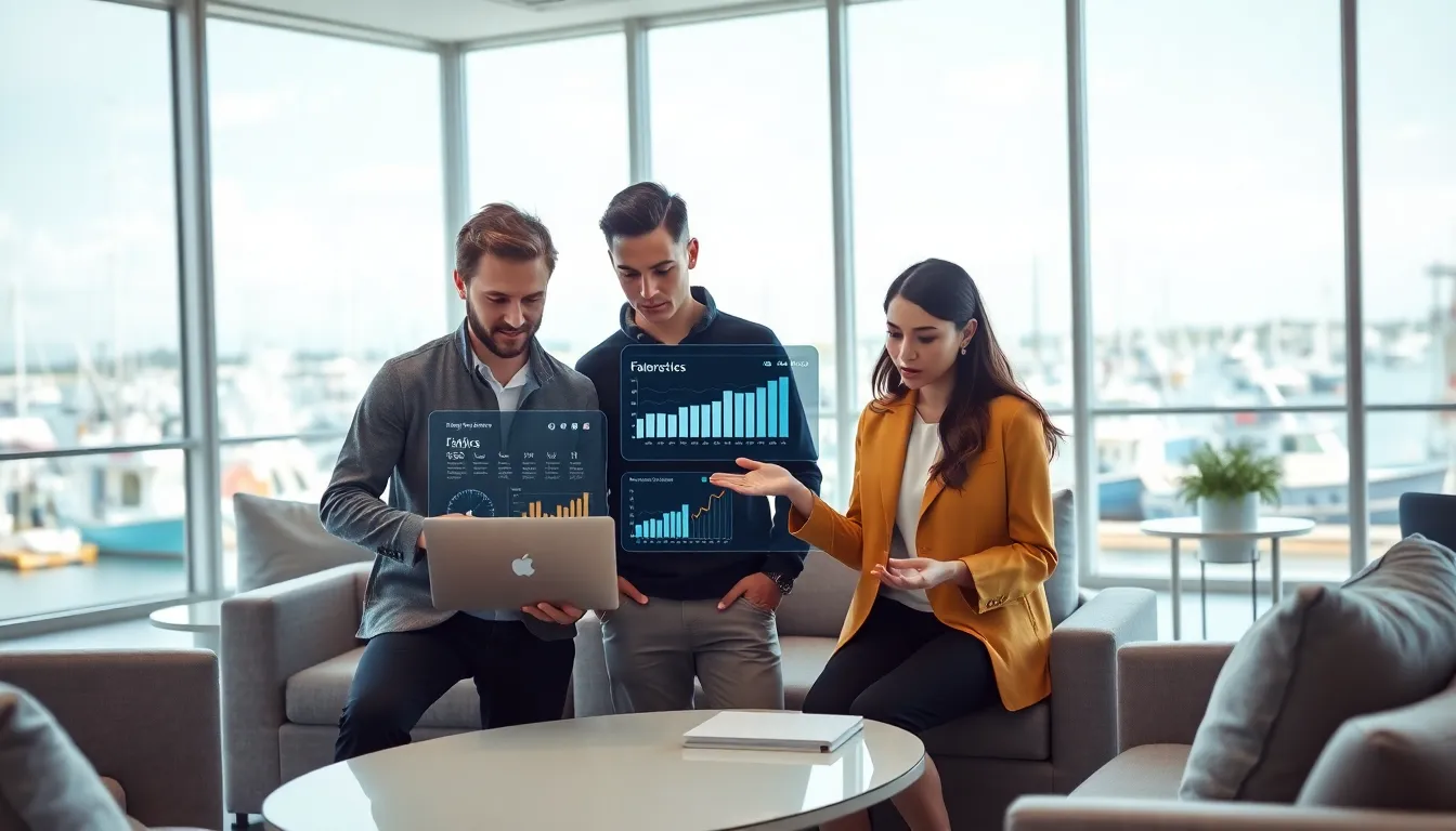 diverse team collaborating on fintech solutions for the fishing industry.