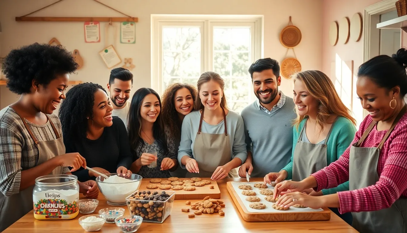people baking cookies together in a bright, inviting kitchen.