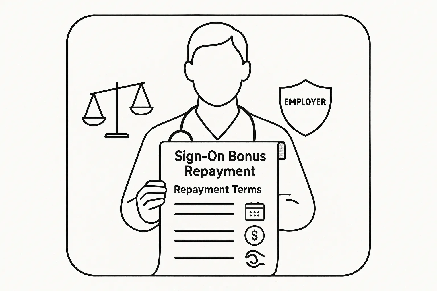 Physician assistant holding a contract titled Physician Assistant Sign-On Bonus Repayment Terms.