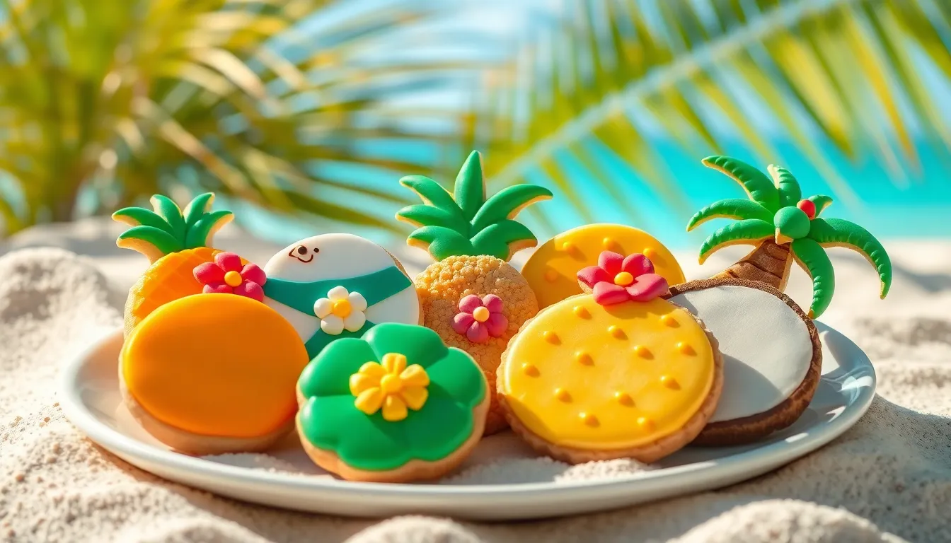 colorful tropical-themed cookies on a beach-inspired plate.