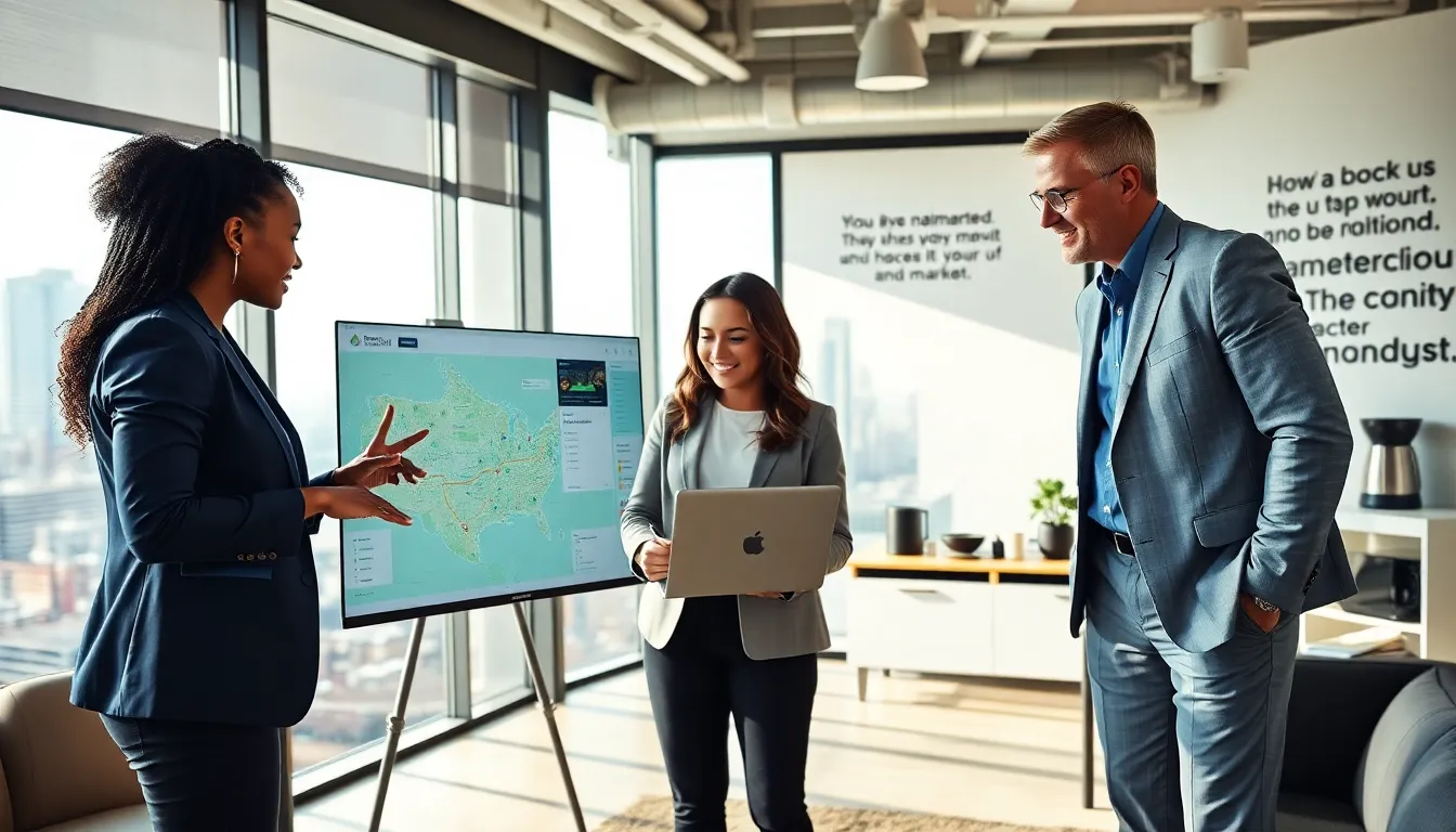 real estate team discussing market strategies in a modern office