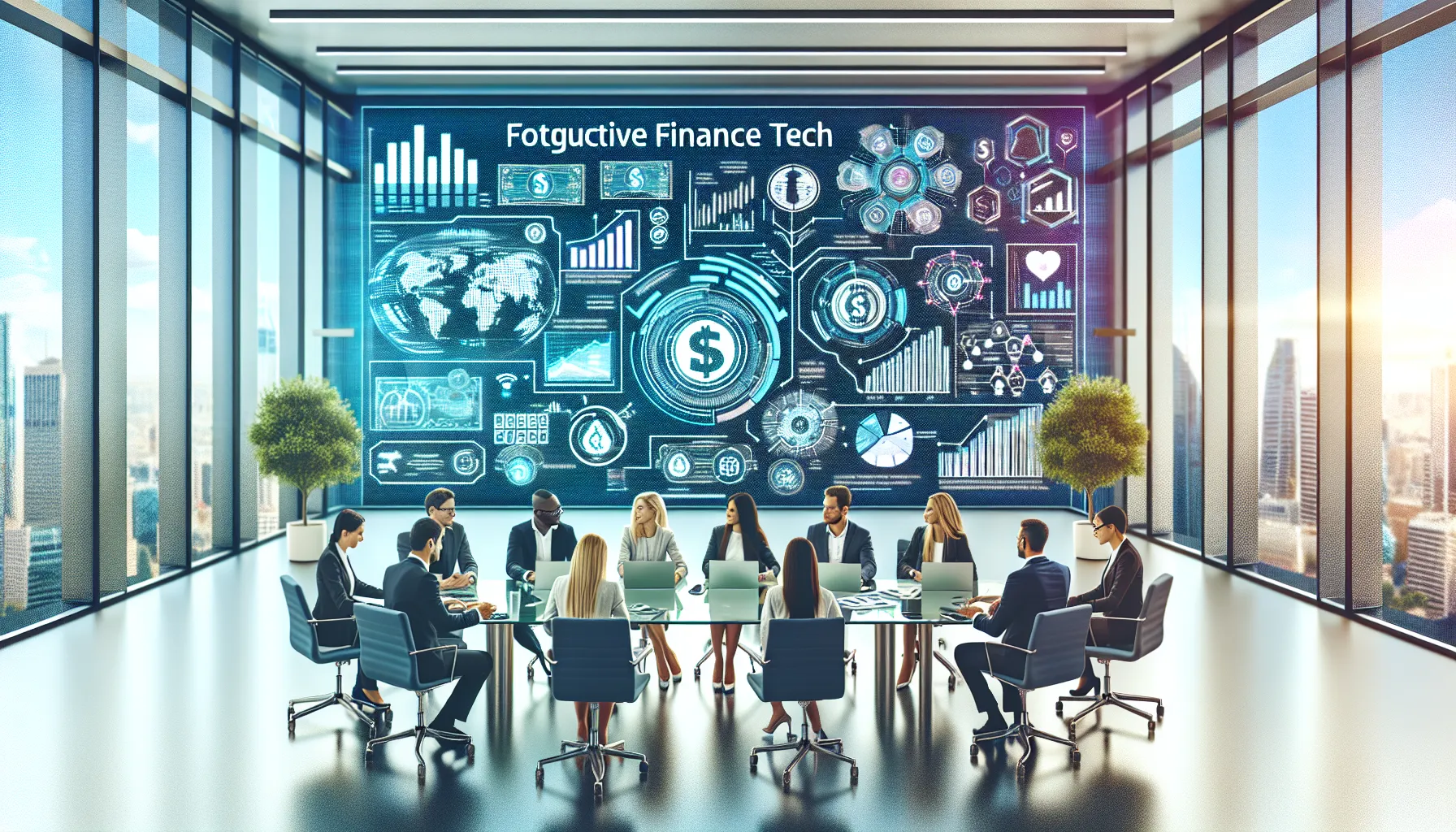 diverse team discussing fintech solutions in a modern office.