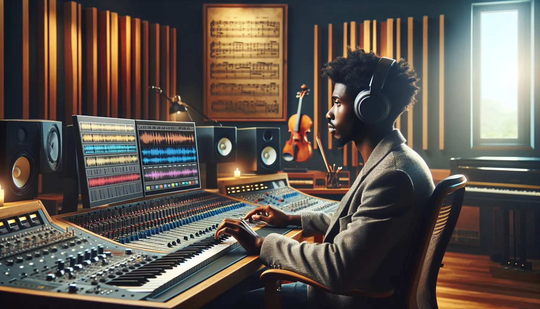 Music producer working at studio mixing desk with instruments and audio equipment.
