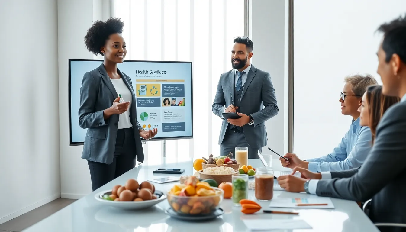 professionals discussing health tips in a modern office.