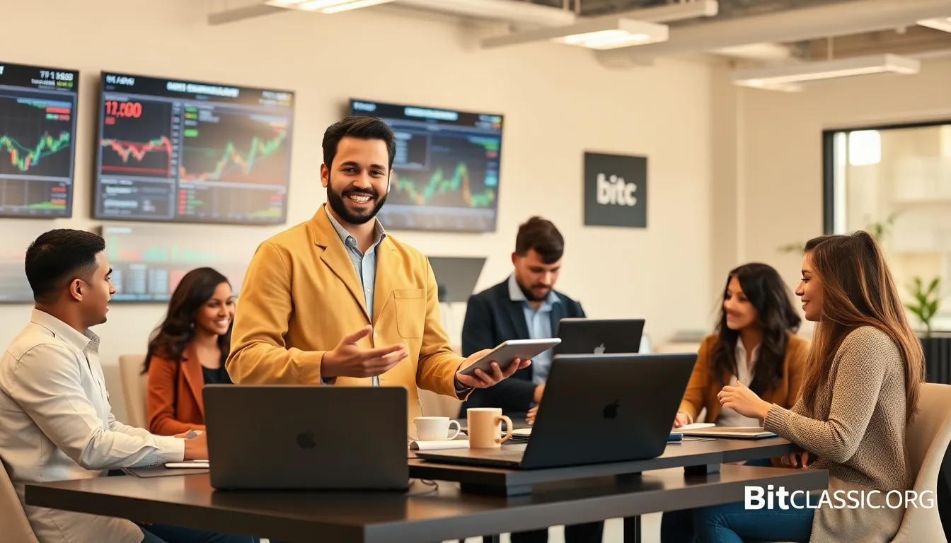diverse team engaging in cryptocurrency trading and education.