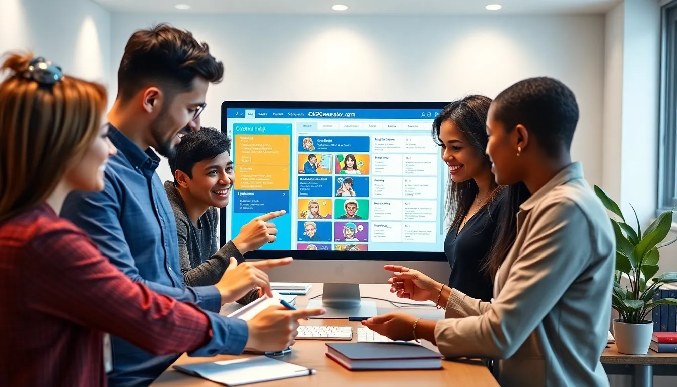 diverse team discussing character generation at a modern office desk.