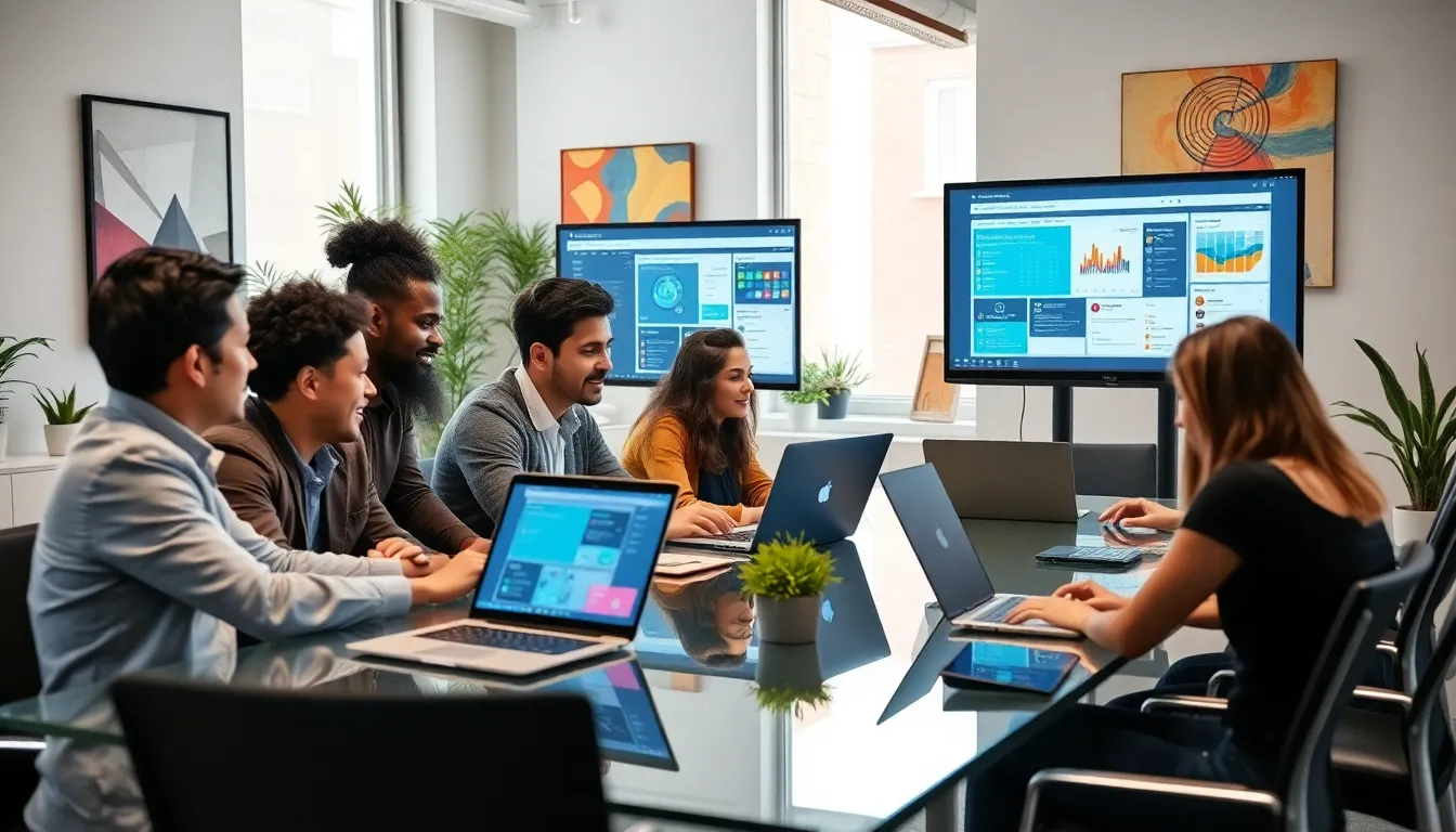 diverse team collaborating on Aliensync software in a modern office.
