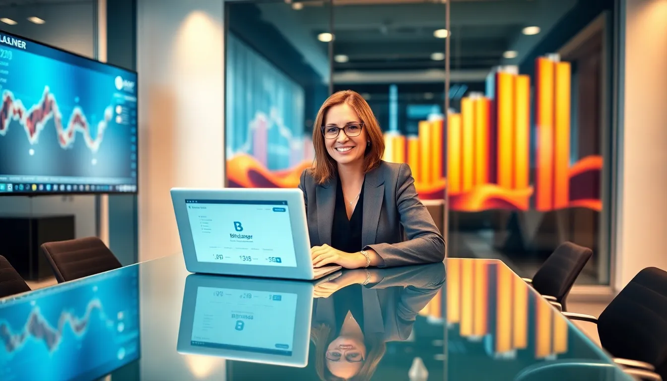 Stacy Klinger in a modern office discussing Bitclassic cryptocurrency.