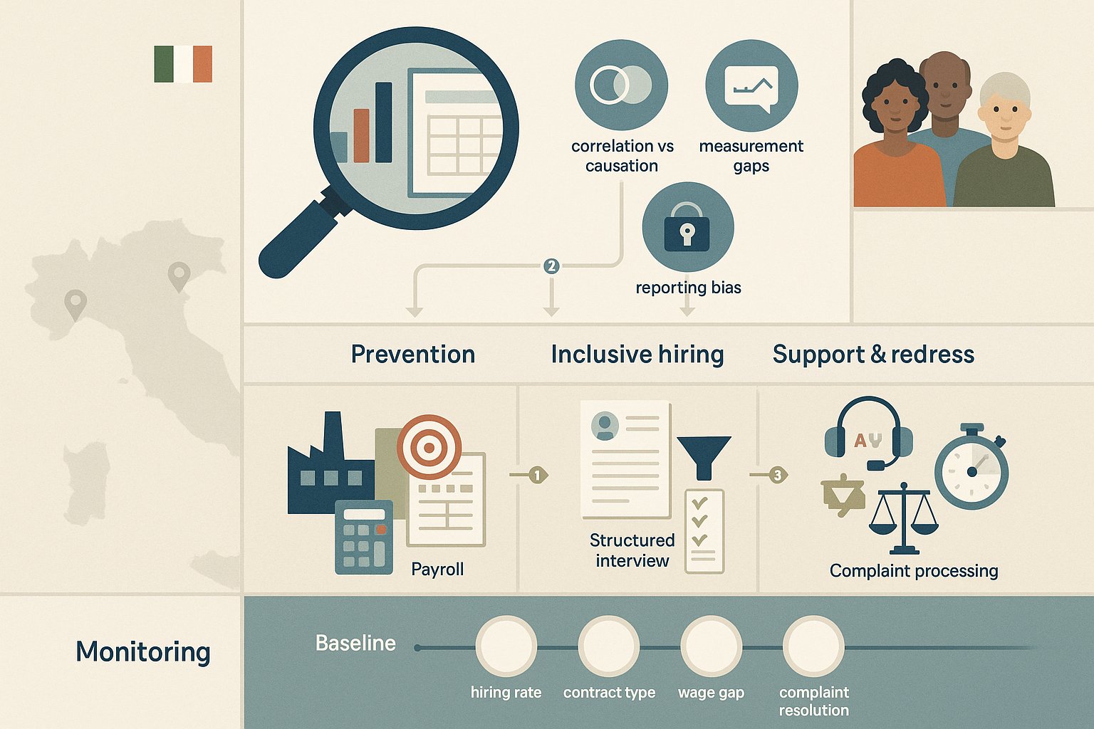 Infografica che collega i problemi dei dati sulla discriminazione occupazionale alle risposte politiche e al monitoraggio in Italia.