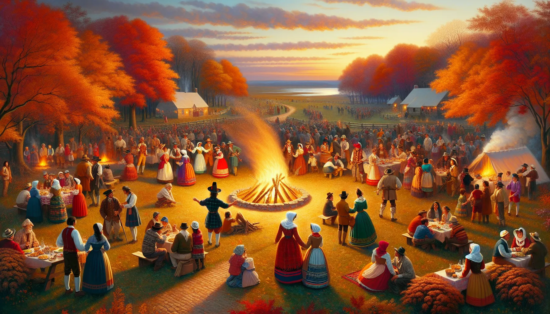diverse group celebrating around a bonfire in autumn.