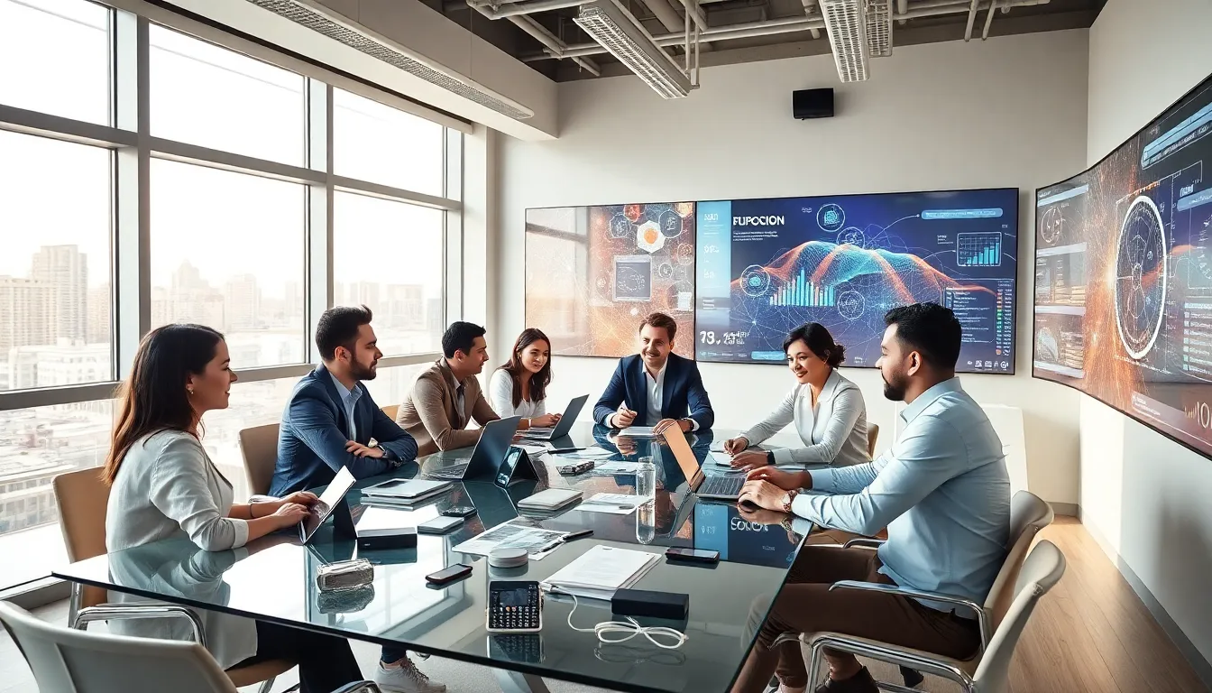 diverse team collaborating on technological innovation in a modern office.