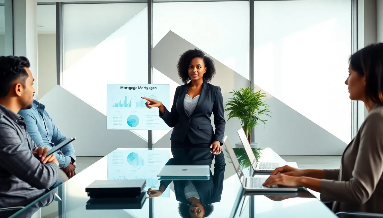 diverse team discussing types of mortgages in a modern office.