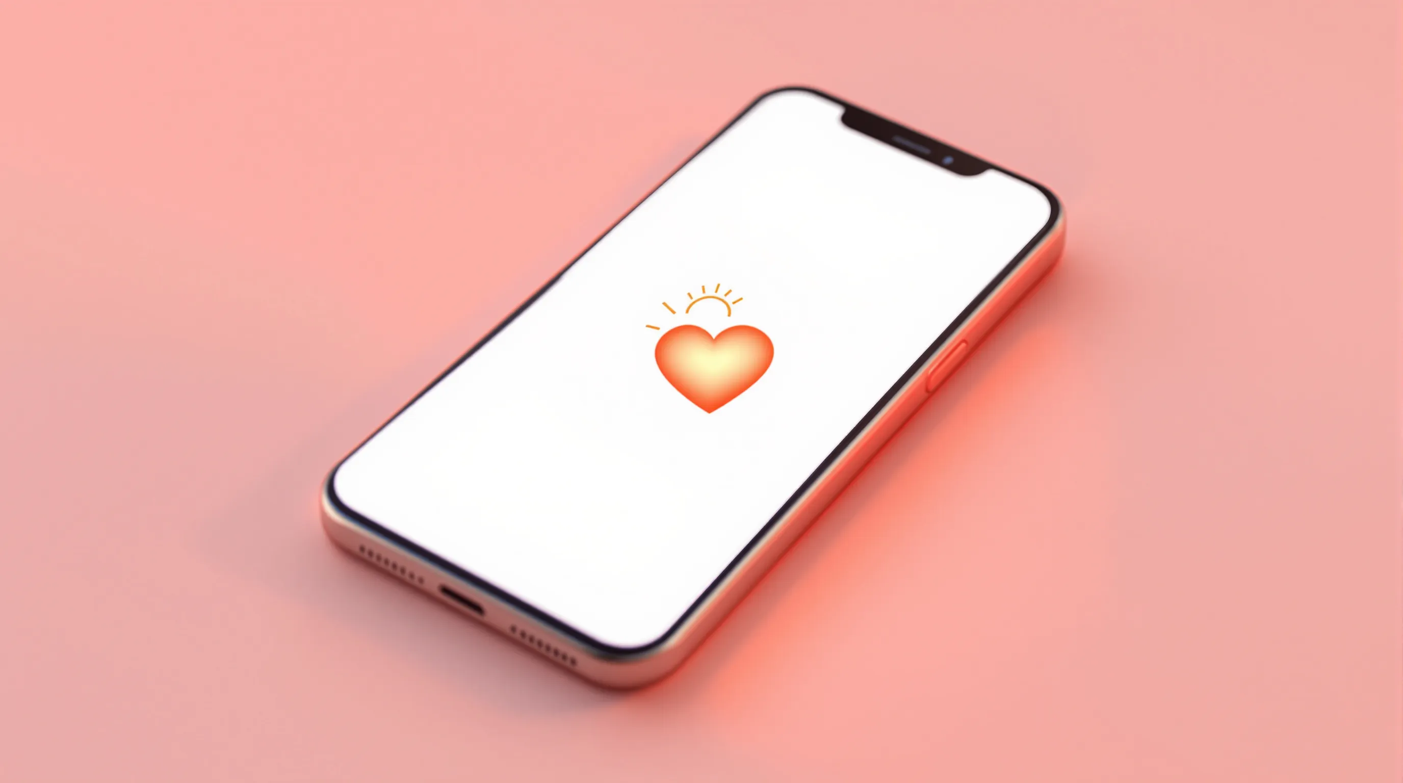 Smartphone screen with glowing heart icon and sunrise symbol on white background.