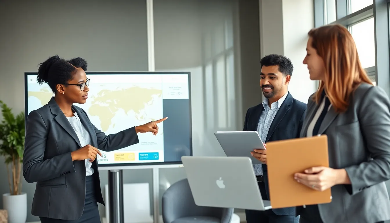 diverse travel advisors discussing Discover Travel Notices in a modern office.