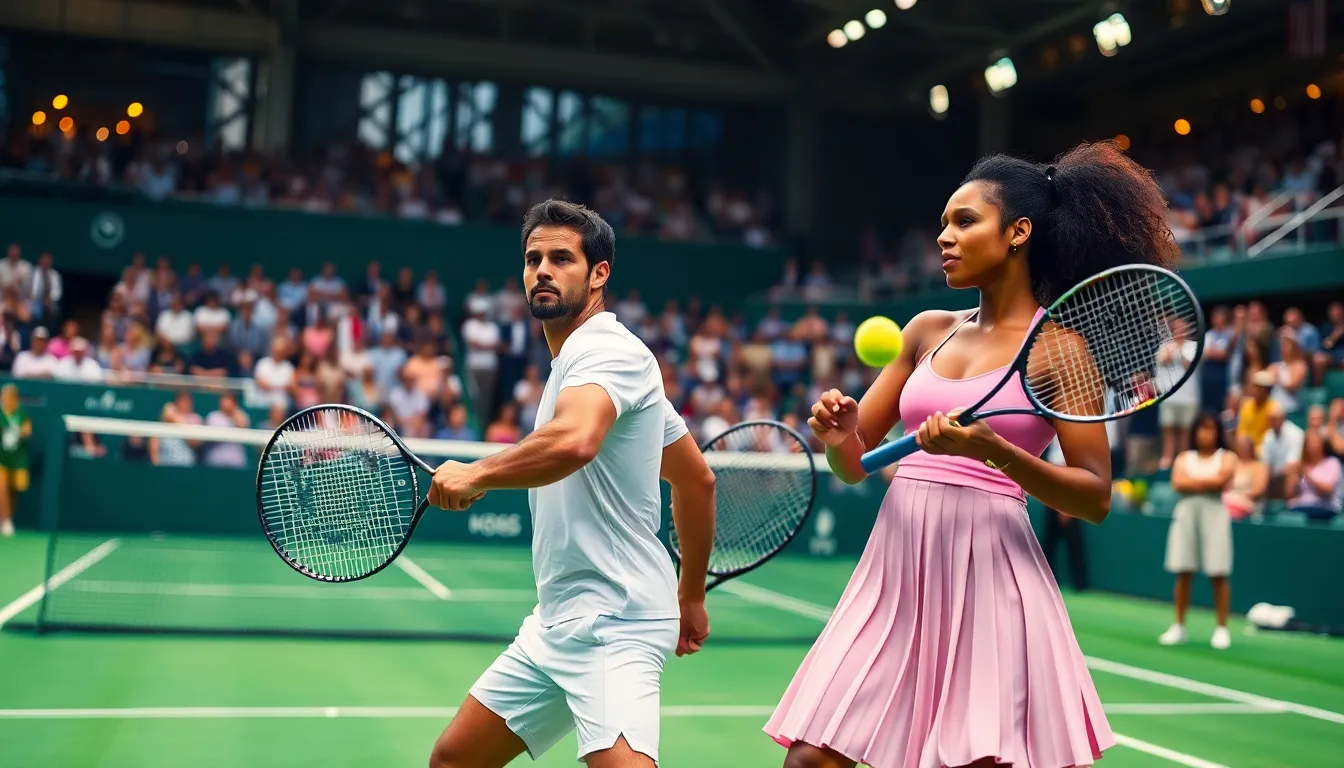 diverse tennis athletes competing on a vibrant court.